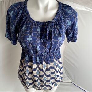 Fossil blue and cream patterned silk empire waist blouse M
